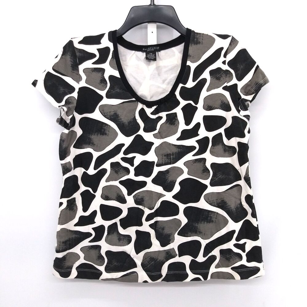 Bay Studio Shirt Women Size PM White Black Gray Animal Print Short Sleeve Casual